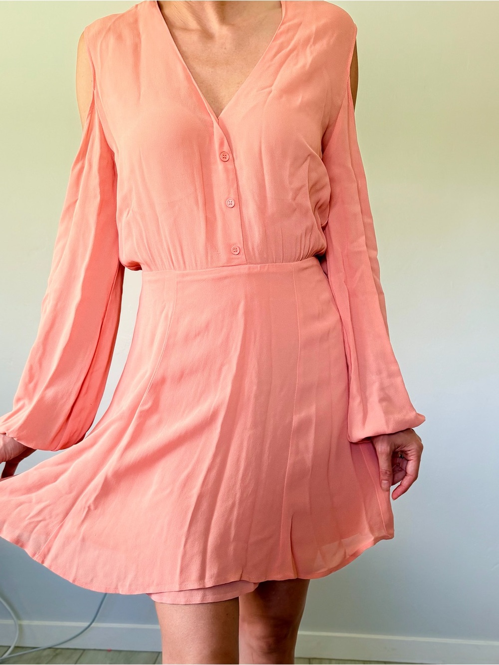 Reformation Coral Pink Cold-Shoulder V-Neck Mini Dress